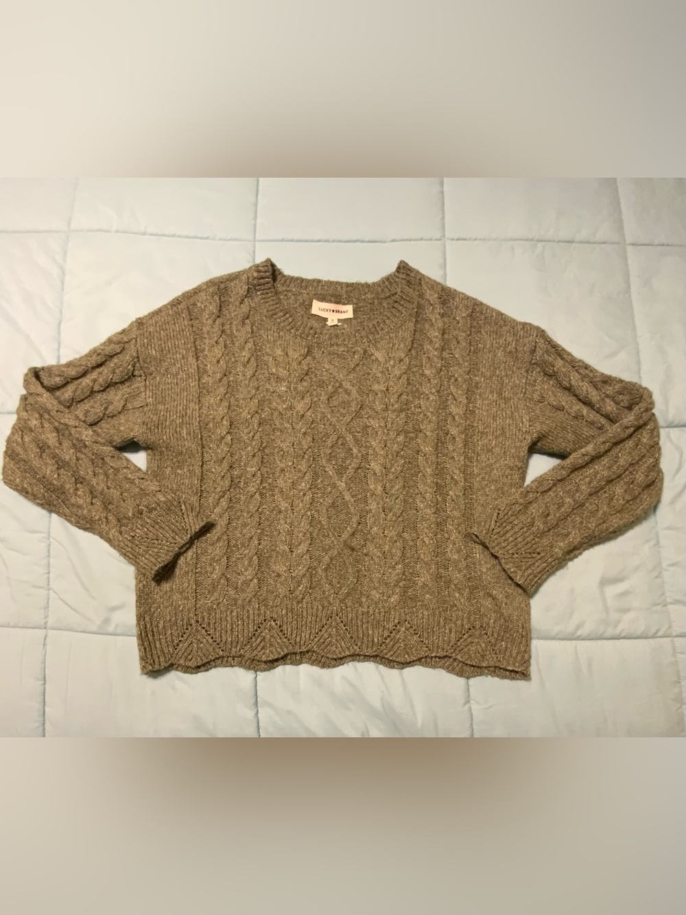 Lucky Brand Women's Lightweight Olive Scallop Edge Cropped Cable Knit Sweater  M